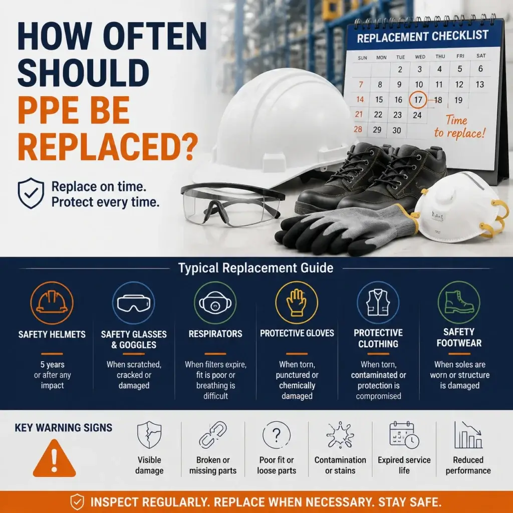 Infographic showing when to replace PPE, including safety helmets, safety glasses, respirators, gloves, protective clothing, and safety footwear, with replacement guidelines and warning signs for workplace safety.