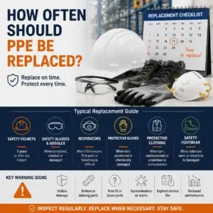 Infographic showing when to replace PPE, including safety helmets, safety glasses, respirators, gloves, protective clothing, and safety footwear, with replacement guidelines and warning signs for workplace safety.