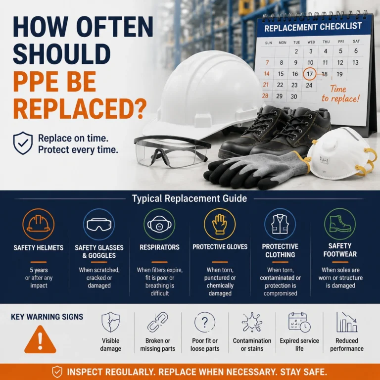 Infographic showing when to replace PPE, including safety helmets, safety glasses, respirators, gloves, protective clothing, and safety footwear, with replacement guidelines and warning signs for workplace safety.