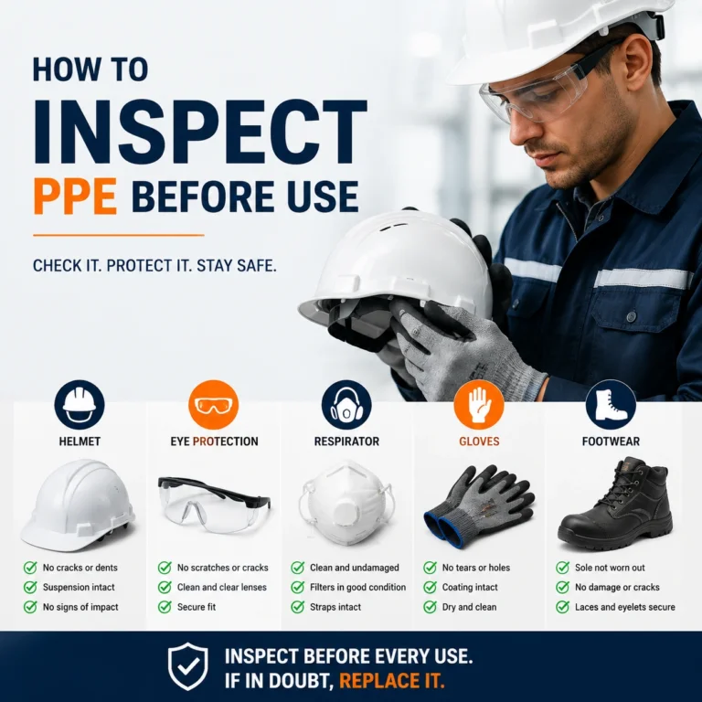 Infographic showing a worker inspecting PPE before use, including a safety helmet, safety glasses, respirator, gloves, and safety footwear with a simple inspection checklist.