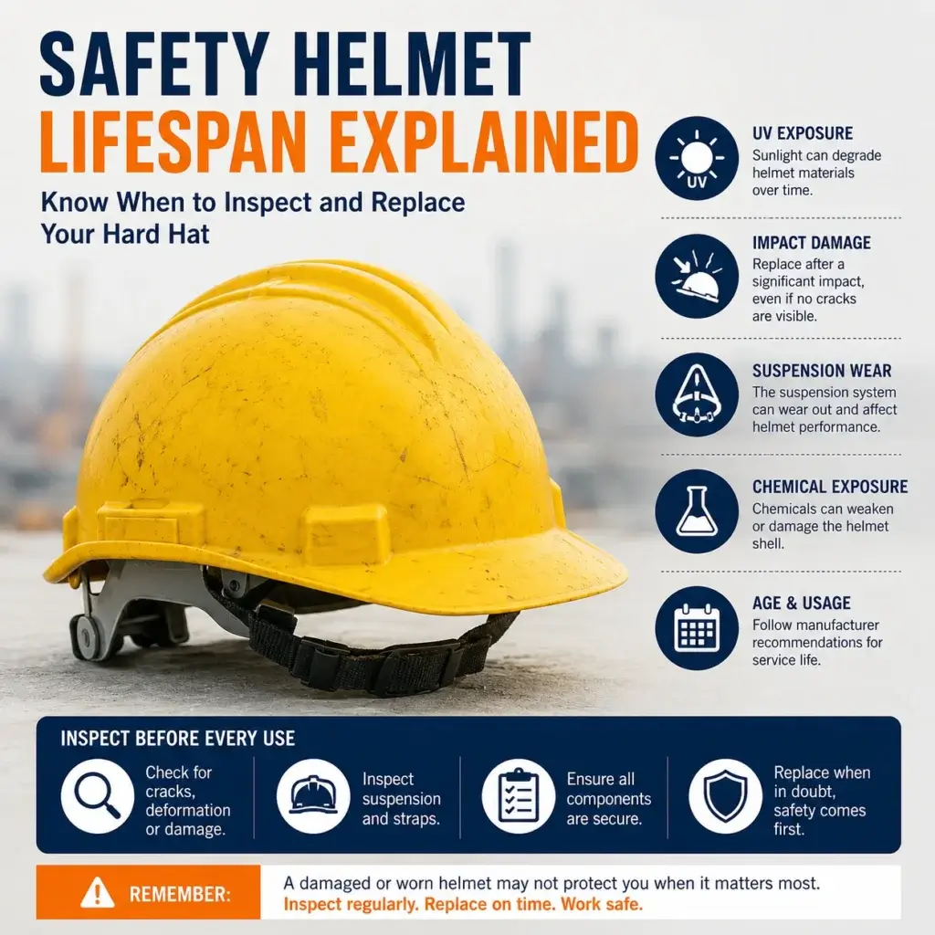 Safety helmet lifespan guide showing UV exposure, impact damage, suspension wear, chemical exposure, and inspection requirements