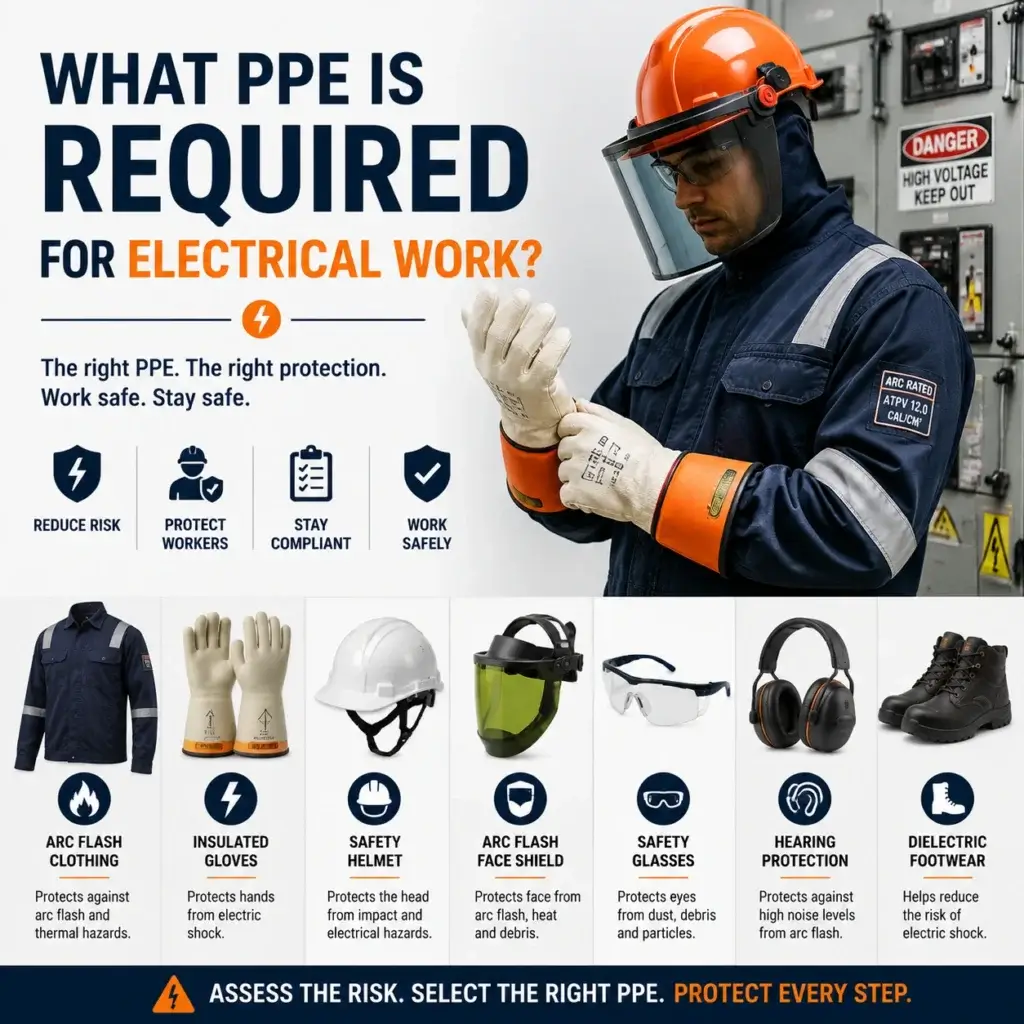 Infographic showing the essential PPE for electrical work, including arc-rated clothing, insulated gloves, safety helmet, face shield, safety glasses, hearing protection, and dielectric footwear.