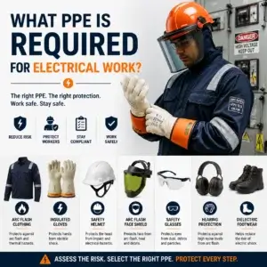 Infographic showing the essential PPE for electrical work, including arc-rated clothing, insulated gloves, safety helmet, face shield, safety glasses, hearing protection, and dielectric footwear.