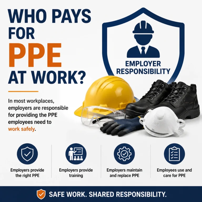 Infographic explaining employer responsibility for providing PPE at work, featuring safety helmets, safety glasses, respirators, gloves, safety footwear, and key workplace safety responsibilities.