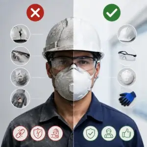 Infographic showing damaged versus properly maintained PPE, including safety helmets, safety glasses, respirators, and protective gloves, explaining common causes of PPE failure.