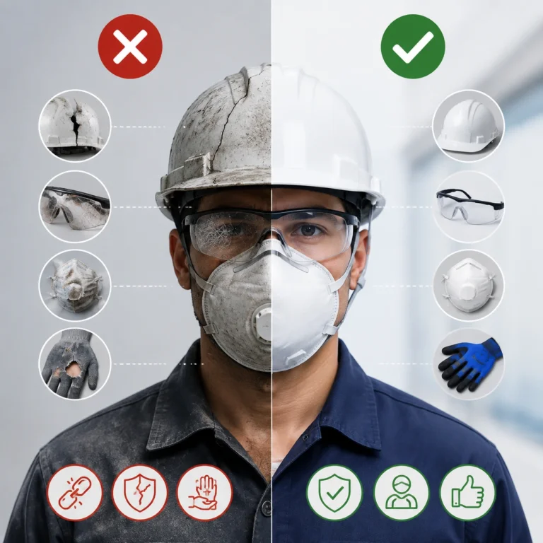 Infographic showing damaged versus properly maintained PPE, including safety helmets, safety glasses, respirators, and protective gloves, explaining common causes of PPE failure.