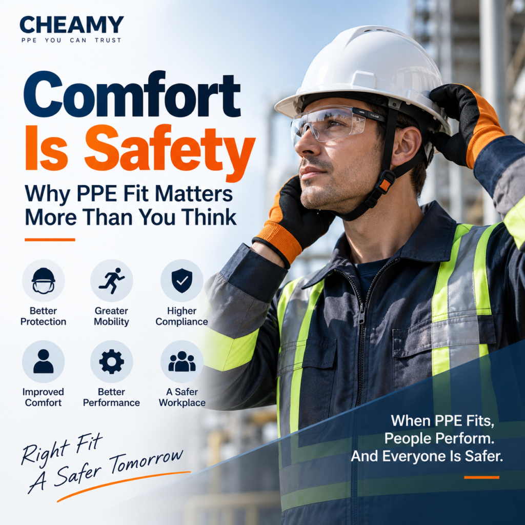 PPE fit and comfort infographic showing why proper PPE fit matters for worker safety and usability