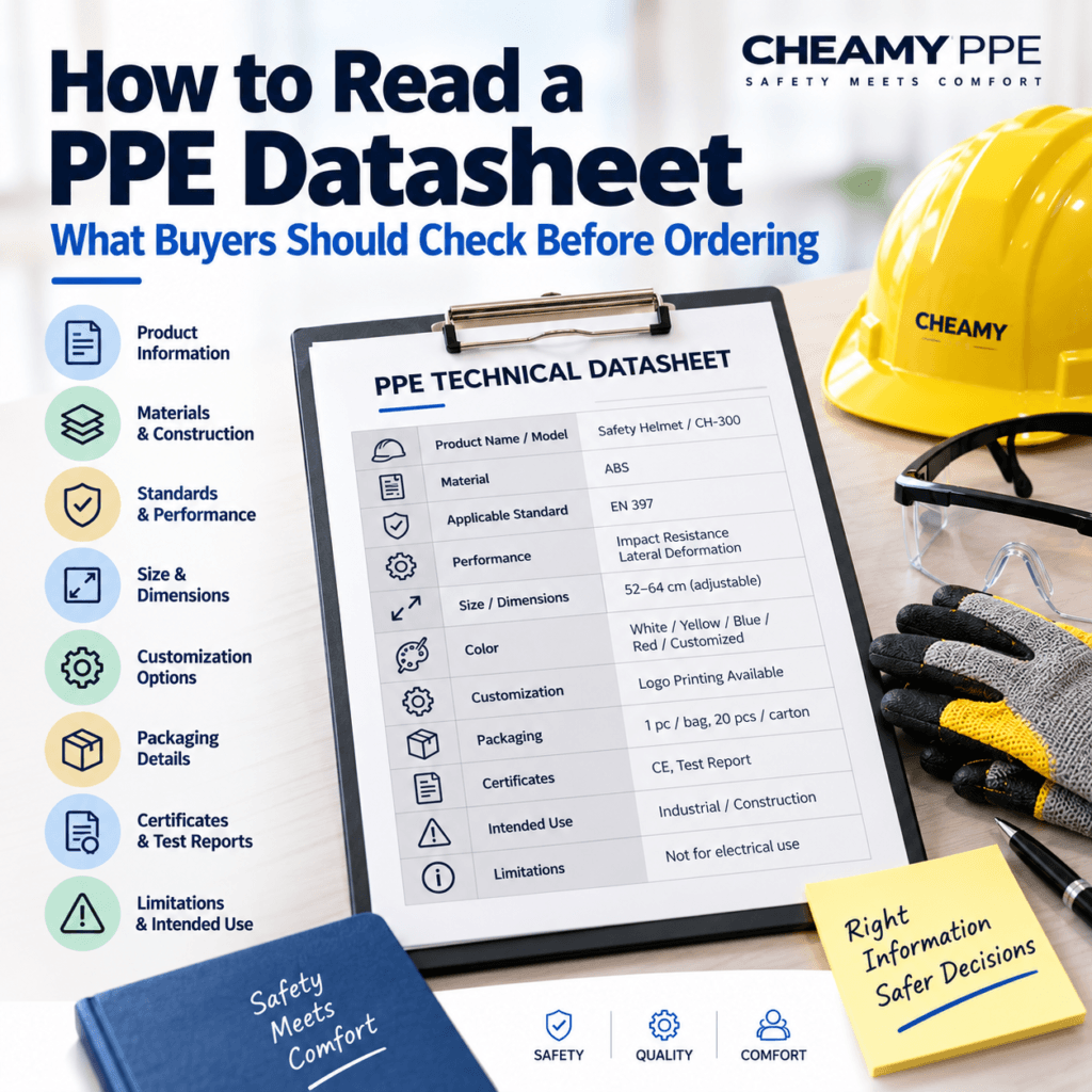 PPE datasheet checklist showing key specifications buyers should check before ordering