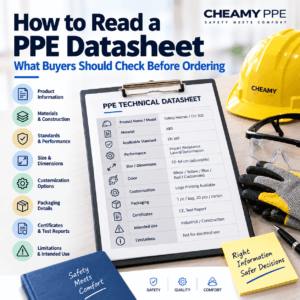 PPE datasheet checklist showing key specifications buyers should check before ordering