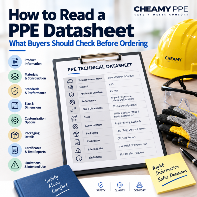 PPE datasheet checklist showing key specifications buyers should check before ordering