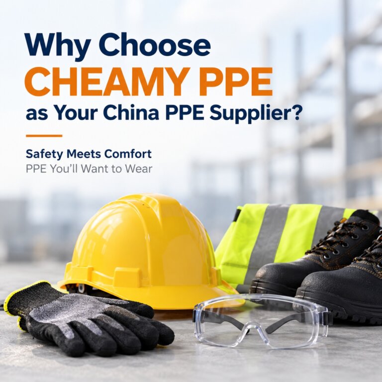 CHEAMY PPE China PPE supplier with safety helmet, protective gloves, safety glasses, safety shoes and high-visibility vest