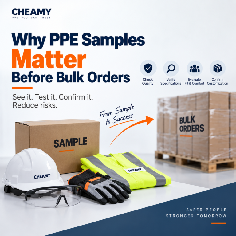 PPE sample evaluation infographic showing key checks before bulk orders