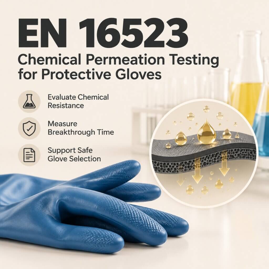 EN 16523 chemical permeation testing illustration showing protective gloves and chemical resistance testing