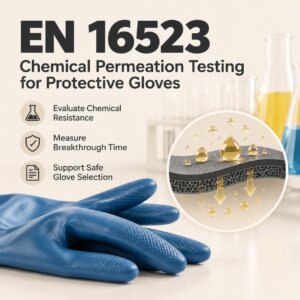 EN 16523 chemical permeation testing illustration showing protective gloves and chemical resistance testing
