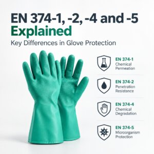 Blue chemical protective gloves illustrating EN 374-1, EN 374-2, EN 374-4, and EN 374-5 standards.