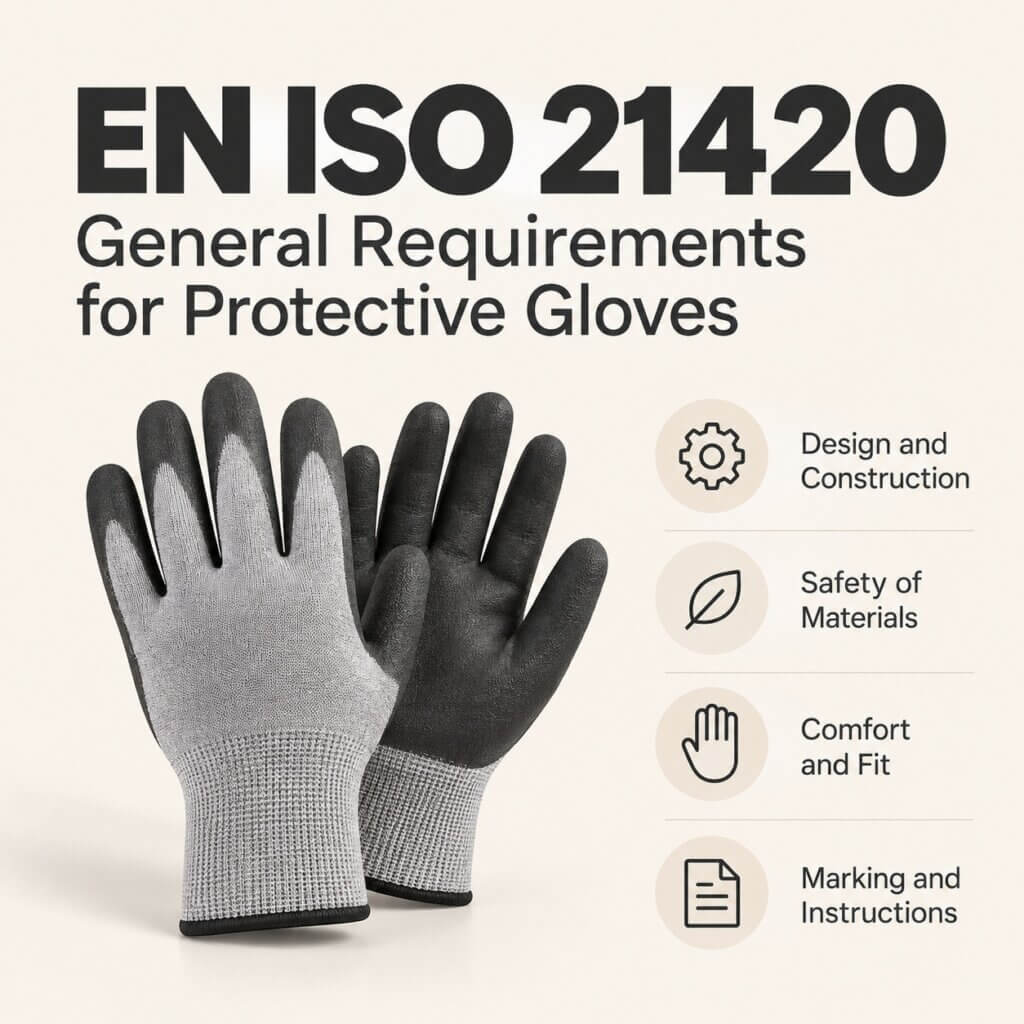 Protective gloves illustrating EN ISO 21420 general requirements for design, material safety, comfort, fit, marking, and instructions.