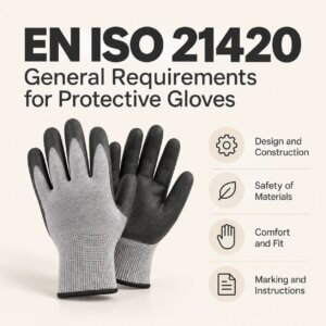 Protective gloves illustrating EN ISO 21420 general requirements for design, material safety, comfort, fit, marking, and instructions.
