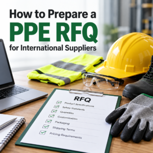 PPE RFQ checklist with safety helmet, protective gloves, safety glasses, and high-visibility vest.